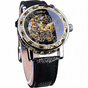 Men Black Golden Retro Skeleton Watch with Diamond and‎ Carving Flower Cr…